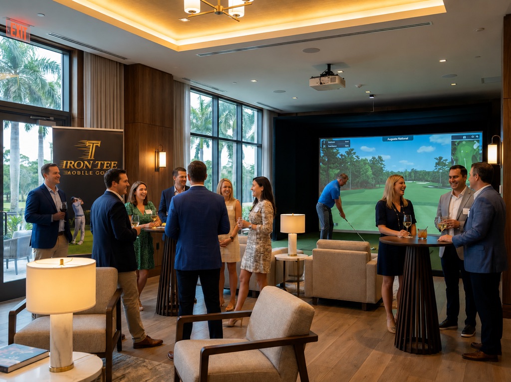Luxury indoor golf simulator lounge with premium decor and ambient lighting