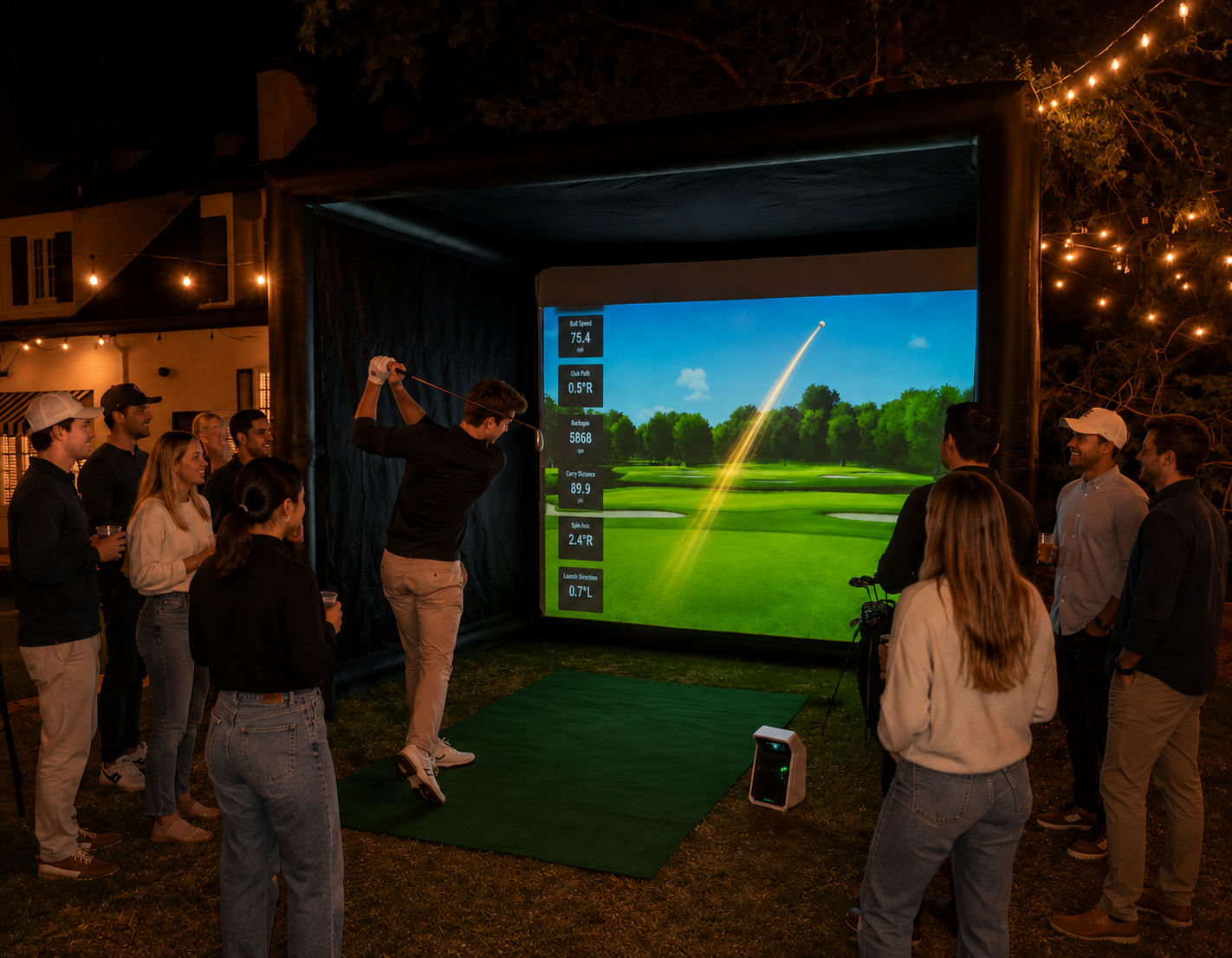 Iron Tee Mobile Golf Simulator in action with real-time ball tracking at outdoor event in Arizona